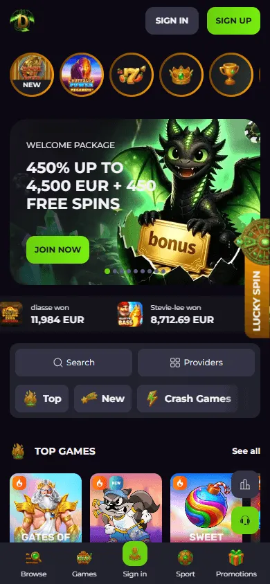 Drakaris Casino home experience on a mobile device
