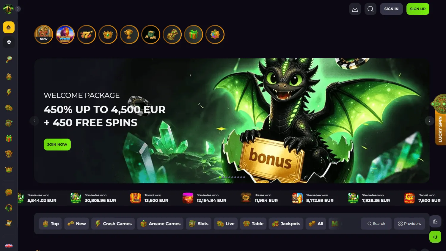 Drakaris Casino home experience on desktop